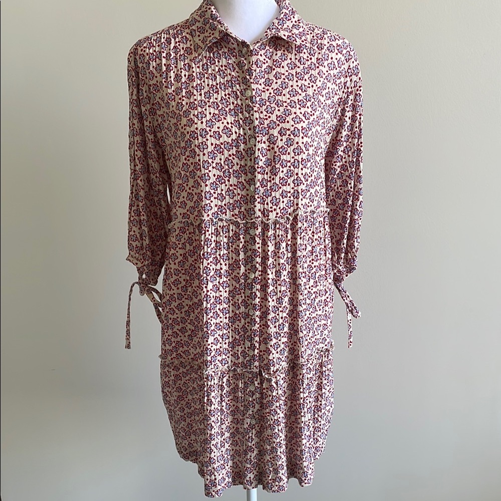 Printed Tiered Shirt Dress in Cream and Pink